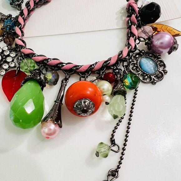 Art Glass Dangle Charm Bracelet Faux Pearl Leather Rhinestone Dangle Green Orang - Picture 8 of 9